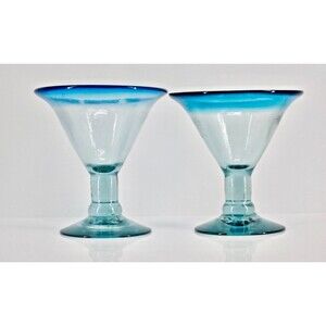 Aqua Rim Thick Hand Blown Margarita Martini Glasses Set of 2 Mint Condition 7"
